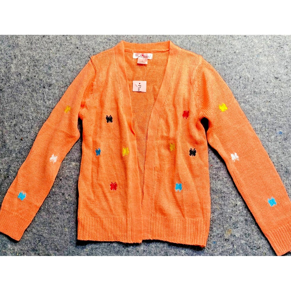 Pink Angel Girls Cardigan Sweater Orange Butterfly Knit Size L 6x NWT